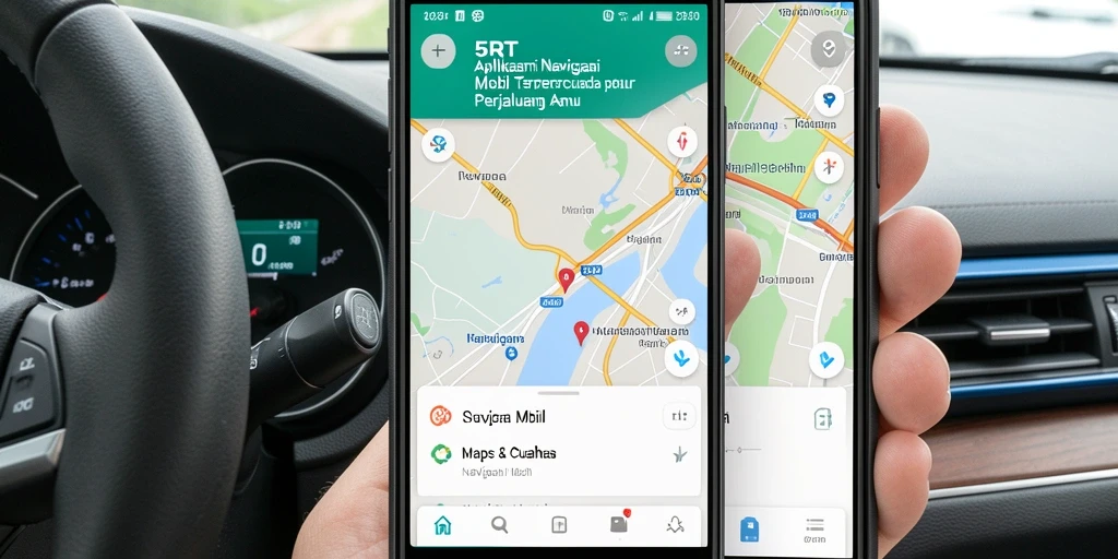 Antarmuka aplikasi 5RT yang menampilkan petunjuk navigasi mobil.