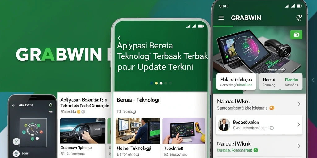 Tampilan utama aplikasi GRABWIN menampilkan berita teknologi terbaru.